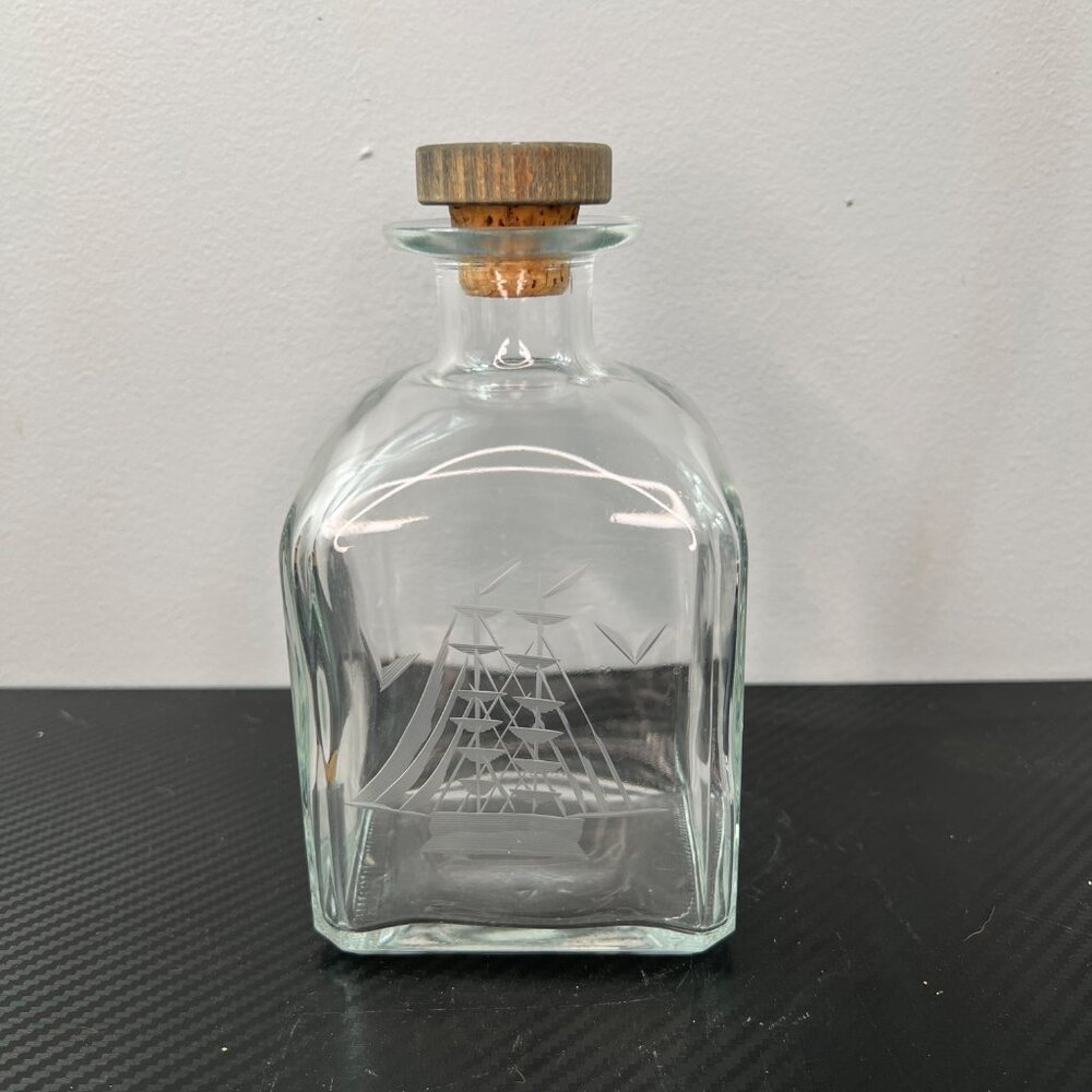 Vintage Liquor Decanter Bottle Nautical Etched Sailboat Schooner Cork Stopper